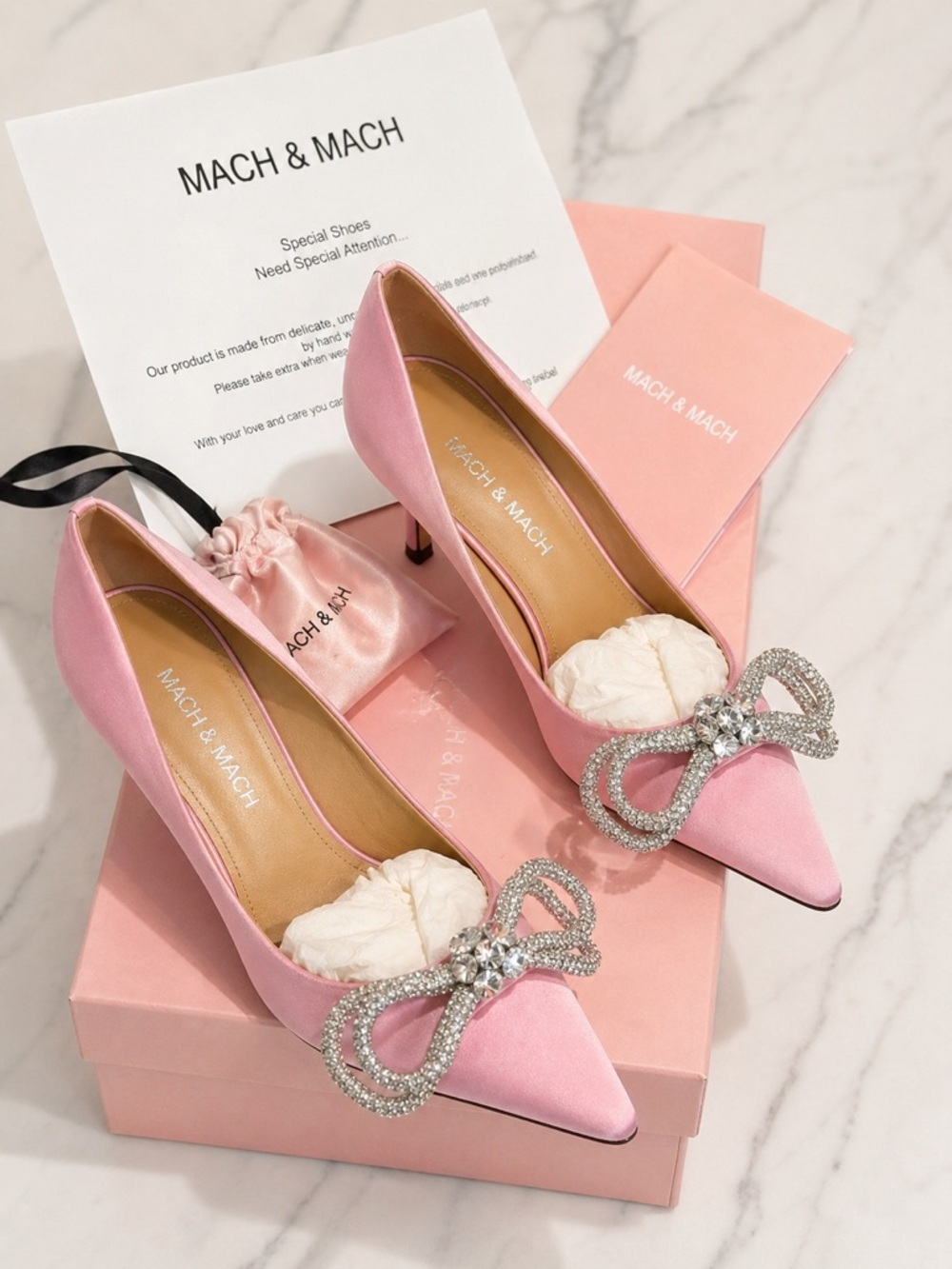 Mach & Mach Double Bow Crystal Pink Heels Size 39 NEW